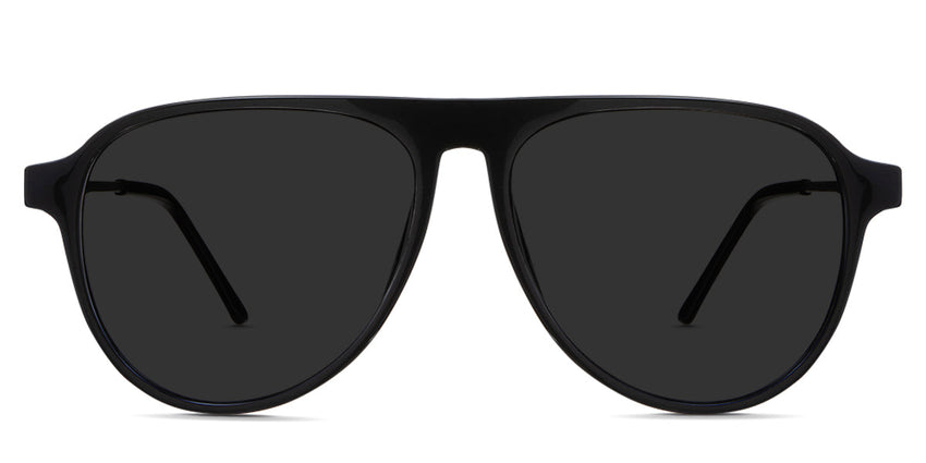 Ebon black tinted Standard Solid sunglasses in Midnight variant - it's a black full rimmed frame and it's an aviator shaped frame with a high nose bridge.