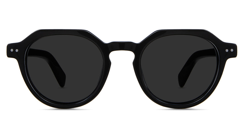 Ellis black Sunglasses Standard Solid in midnight variant - is a narrow acetate frame with 48mm width and 145mm medium thick temple arm . The extended end pieces in front have rivets design 