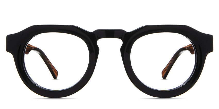 Jax Eyeglasses in carob variant - it's a narrow, thick acetate frame in color black 