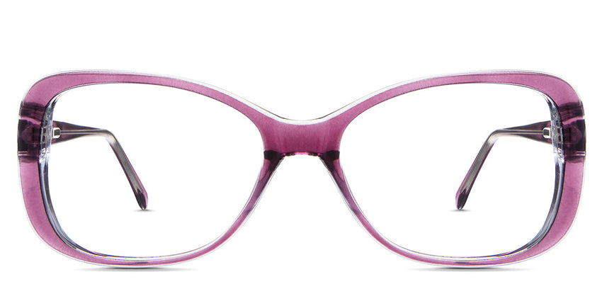 Lois Eyeglasses in tayberry variant - has a violet front rim and a clear side and inside rim.  best seller New Releases Latest