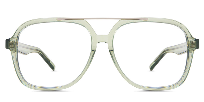 Myla Eyeglasses in the cade variant - it's a full-rimmed acetate frame with a gold metal bar on top of the rim.