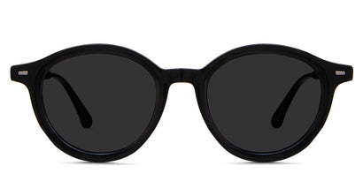 Phlox black tinted Standard Solid sunglasses in Midnight variant - it's a rounded acetate frame an extended end piece. it has a 20mm U-shaped nose bridge. 