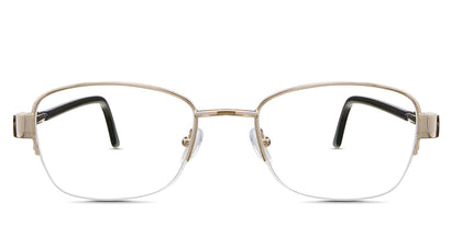 Sadie Eyeglasses in camelus variant - it's a half-rimmed frame in color gold. Metal New Releases Latest