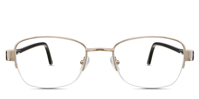 Sadie Eyeglasses in camelus variant - it's a half-rimmed frame in color gold. Metal New Releases Latest