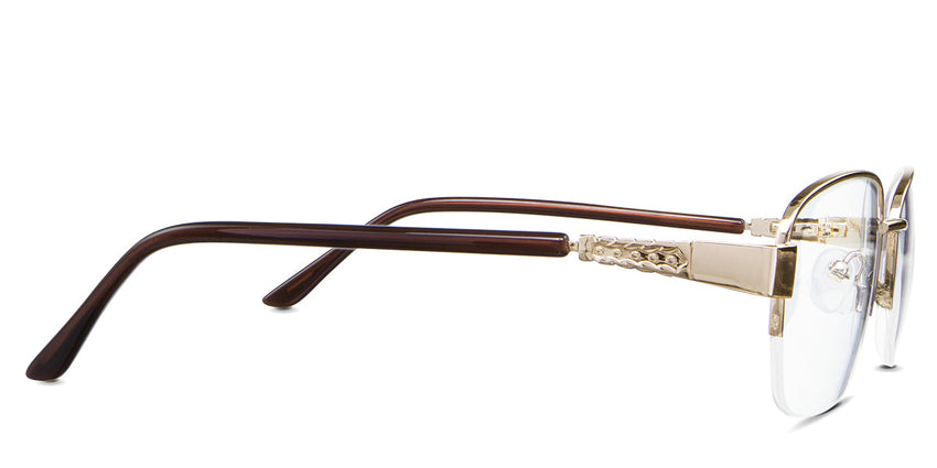 Sadie Eyeglasses in the camelus variant - have a brown acetate temple arm and tips.